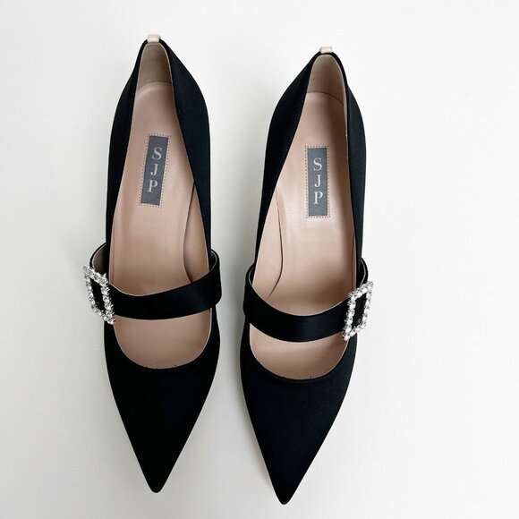 SJP BY SARAH JESSICA PARKER Black Satin Highgate  Embellished Buckle Heels Sz 41 - Picture 3 of 11